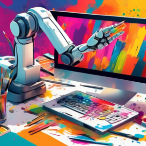 A robotic arm holding a paintbrush creating a colorful digital design on a computer screen, with other design tools like a stylus pen and color palette scattered around.