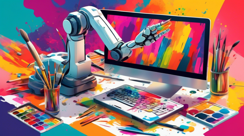 A robotic arm holding a paintbrush creating a colorful digital design on a computer screen, with other design tools like a stylus pen and color palette scattered around.