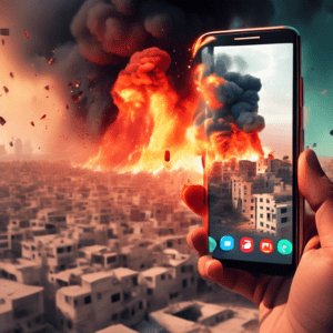 A photorealistic image of a smartphone with a social media feed, showing an AI-generated image of Gaza being shared rapidly, with distorted buildings and glitching figures against a fiery sky.