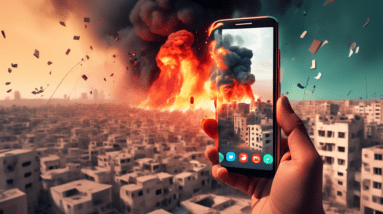 A photorealistic image of a smartphone with a social media feed, showing an AI-generated image of Gaza being shared rapidly, with distorted buildings and glitching figures against a fiery sky.