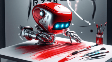 A red and silver robot using a paintbrush to create a digital painting on a futuristic canvas, with the words Ryzen AI etched on the brush.