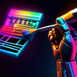 A robotic hand holding a paintbrush, a film slate, and a music note, all glowing with colorful digital light against a dark background.