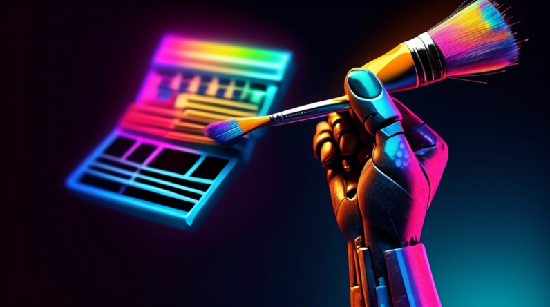 A robotic hand holding a paintbrush, a film slate, and a music note, all glowing with colorful digital light against a dark background.