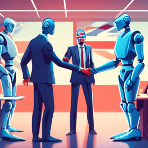 A robot wearing a British flag patterned suit shakes hands with a human hologram in a boardroom while other robots and humans watch.