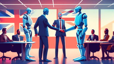 A robot wearing a British flag patterned suit shakes hands with a human hologram in a boardroom while other robots and humans watch.