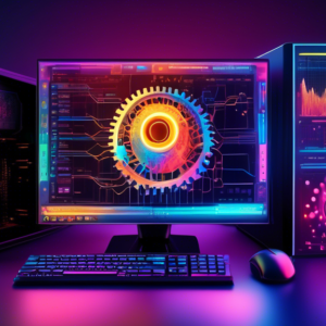 A powerful desktop computer with glowing Gigabyte logo on its case, surrounded by colorful 3D representations of data graphs, gears, and AI neural networks.