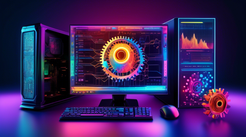 A powerful desktop computer with glowing Gigabyte logo on its case, surrounded by colorful 3D representations of data graphs, gears, and AI neural networks.