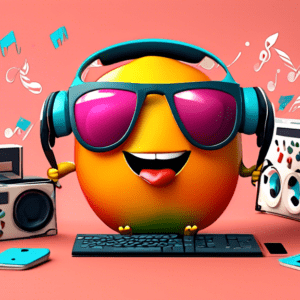 A mango character with headphones and sunglasses using a computer to create an animated video, with film reels and musical notes floating around.
