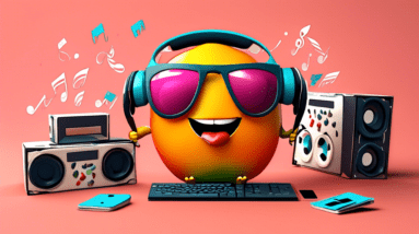 A mango character with headphones and sunglasses using a computer to create an animated video, with film reels and musical notes floating around.