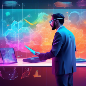 A data scientist uses a futuristic holographic interface labeled Databricks to design vibrant, complex graphics, with the logos of Salesforce and Microsoft in the background, semi-transparent and fadi