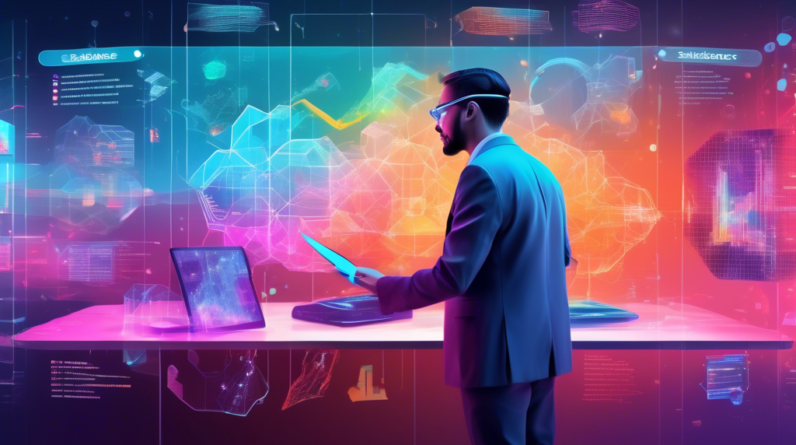 A data scientist uses a futuristic holographic interface labeled Databricks to design vibrant, complex graphics, with the logos of Salesforce and Microsoft in the background, semi-transparent and fadi