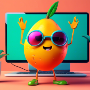 A mango character with sunglasses effortlessly creating a video on a computer, with AI graphics coming out of the screen.