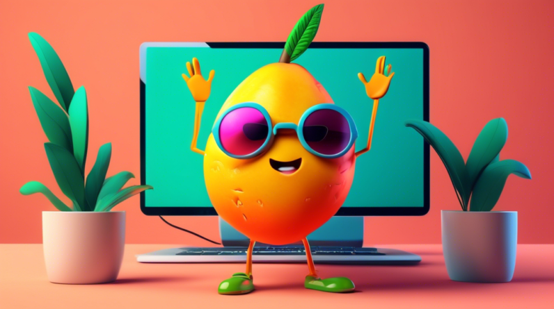 A mango character with sunglasses effortlessly creating a video on a computer, with AI graphics coming out of the screen.