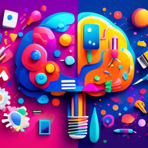 A glowing Canva C logo bursting with AI icons like a brain, paintbrush, and lightbulb, surrounded by graphic design tools like a pencil, paint palette, and tablet pen, all against a vibrant background