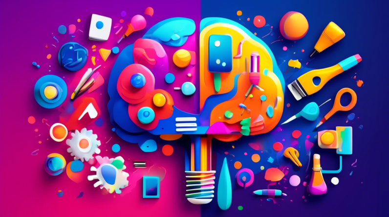 A glowing Canva C logo bursting with AI icons like a brain, paintbrush, and lightbulb, surrounded by graphic design tools like a pencil, paint palette, and tablet pen, all against a vibrant background