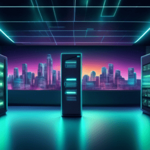 A futuristic server room with the Durham College logo glowing on the wall, powered by glowing AI brains and neural networks. One server opens to reveal a glowing city skyline symbolizing future possi