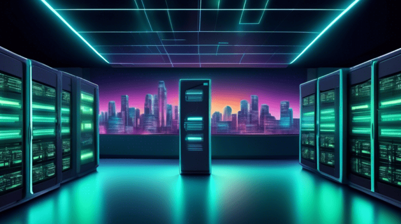 A futuristic server room with the Durham College logo glowing on the wall, powered by glowing AI brains and neural networks. One server opens to reveal a glowing city skyline symbolizing future possi