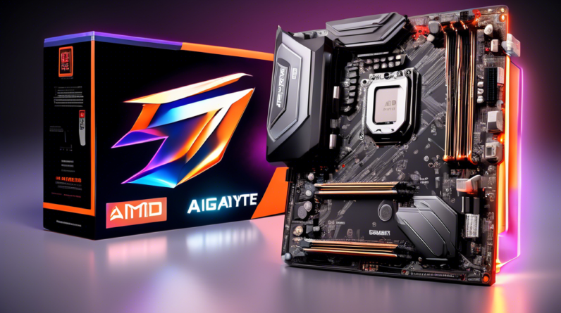 A Gigabyte motherboard with an AMD Radeon GPU glowing with AI circuitry, surrounded by premium packaging.