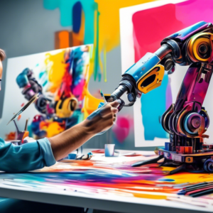 A robotic arm with a paintbrush creating a colorful graphic design on a digital canvas, with a human graphic designer watching in the background.