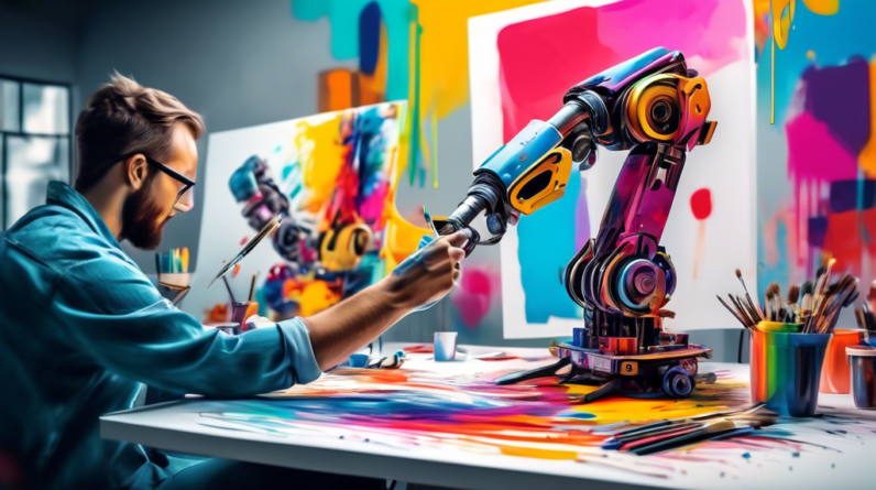 A robotic arm with a paintbrush creating a colorful graphic design on a digital canvas, with a human graphic designer watching in the background.