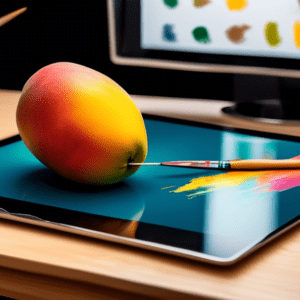 A mango with a transparent background holding a paintbrush, in front of a digital tablet displaying an image being edited in a photo editing software.