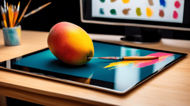 A mango with a transparent background holding a paintbrush, in front of a digital tablet displaying an image being edited in a photo editing software.