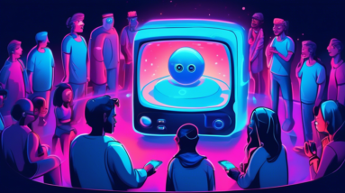 A futuristic PlayStation console with a glowing blue eye staring out from a screen, surrounded by people debating with thought bubbles.