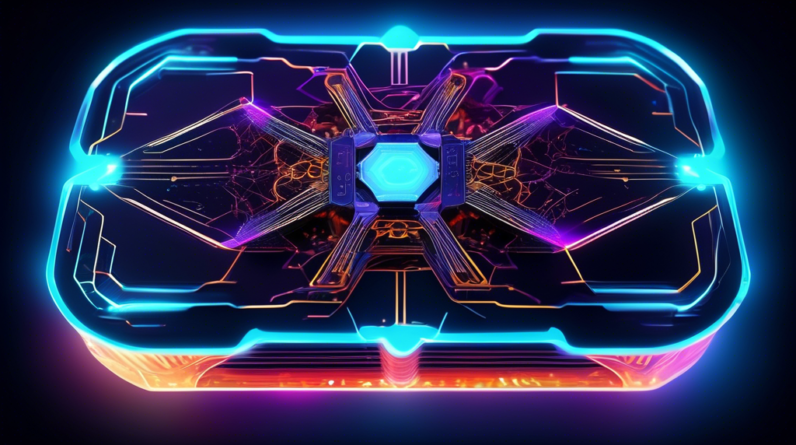 A futuristic graphics card with glowing edges, powered by a network of interconnected nodes symbolizing AI.