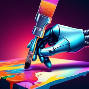 A robotic hand holding a glowing paintbrush, painting a futuristic metallic logo on a canvas with ten empty spaces around it.