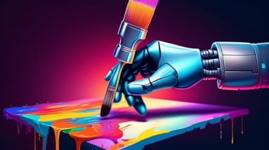 A robotic hand holding a glowing paintbrush, painting a futuristic metallic logo on a canvas with ten empty spaces around it.