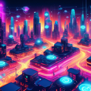 A futuristic city glowing with colorful lights, where swirling lines of code transform into sleek product designs, robots collaborate with human artists, and glowing brains symbolize AI.