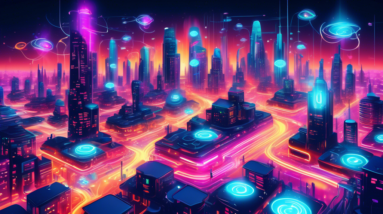 A futuristic city glowing with colorful lights, where swirling lines of code transform into sleek product designs, robots collaborate with human artists, and glowing brains symbolize AI.