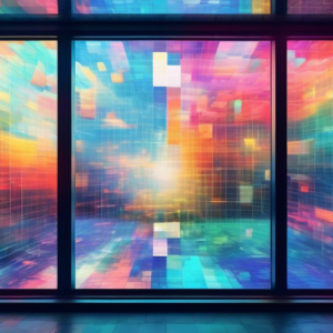 A window displaying a pixelated image transforming into a high-resolution image, with a futuristic AI interface overlayed on top.