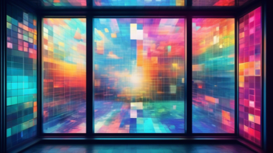 A window displaying a pixelated image transforming into a high-resolution image, with a futuristic AI interface overlayed on top.