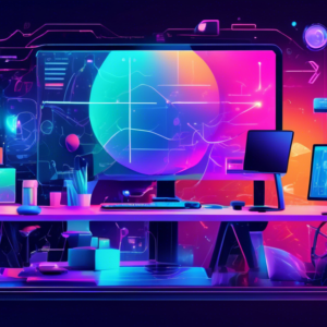 Create an illustration of a futuristic workspace featuring a large computer screen displaying a variety of stunning AI-generated images. Surround the computer with icons or images representing twelve