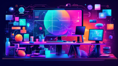 Create an illustration of a futuristic workspace featuring a large computer screen displaying a variety of stunning AI-generated images. Surround the computer with icons or images representing twelve