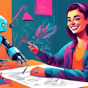 A graphic designer confidently smiling while an AI robot hand attempts and fails to sketch a design.