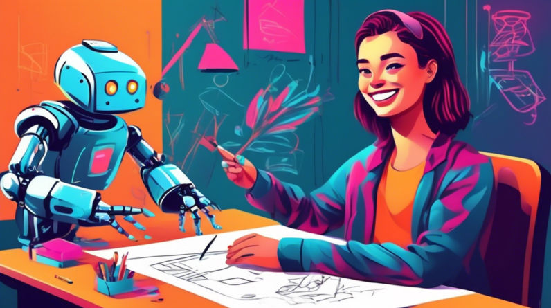 A graphic designer confidently smiling while an AI robot hand attempts and fails to sketch a design.