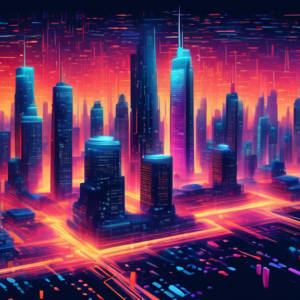 A futuristic cityscape where buildings are made of glowing code and algorithms, with a paintbrush forming the shape of a skyscraper in the center.
