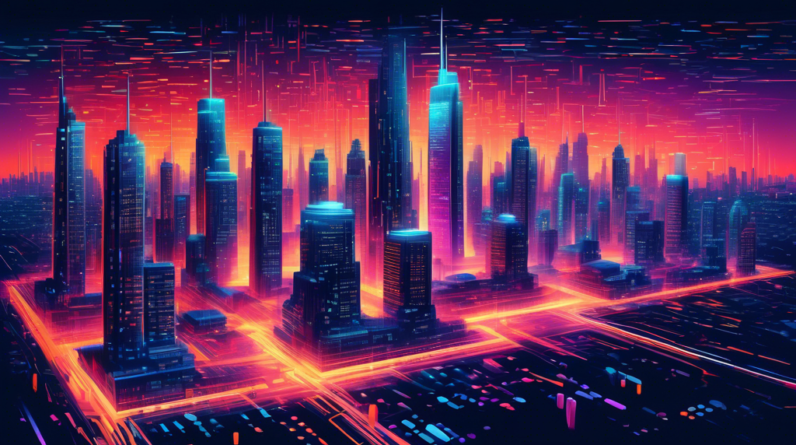 A futuristic cityscape where buildings are made of glowing code and algorithms, with a paintbrush forming the shape of a skyscraper in the center.