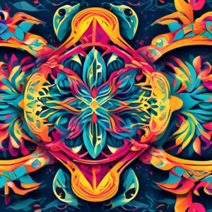 Create an image showcasing AI-generated patterns and vector graphics seamlessly integrated into Adobe Photoshop and Illustrator interfaces. Include vibrant, intricate designs on the software screens,