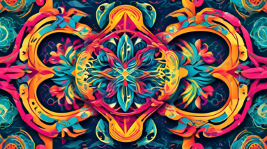 Create an image showcasing AI-generated patterns and vector graphics seamlessly integrated into Adobe Photoshop and Illustrator interfaces. Include vibrant, intricate designs on the software screens,