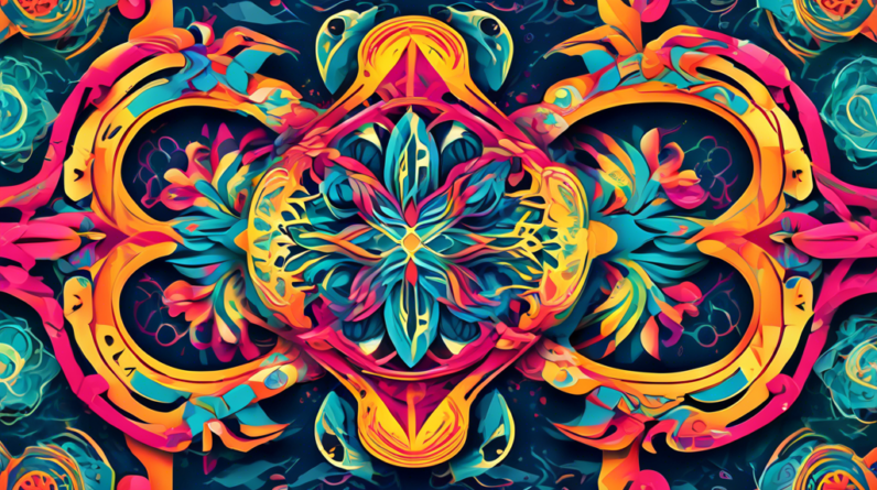 Create an image showcasing AI-generated patterns and vector graphics seamlessly integrated into Adobe Photoshop and Illustrator interfaces. Include vibrant, intricate designs on the software screens,