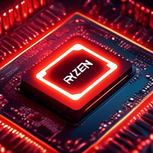 A futuristic AMD Ryzen processor with glowing red circuitry, labeled Ryzen AI 7 PRO, seamlessly integrated with a vibrant Radeon 870M graphics chip, surrounded by binary code and artificial intelligen