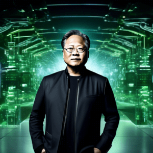 Create an image of Nvidia CEO Jensen Huang standing confidently in front of a large Nvidia logo, holding a GPU in one hand and a hologram of an AI brain in the other. Surround him with futuristic grap