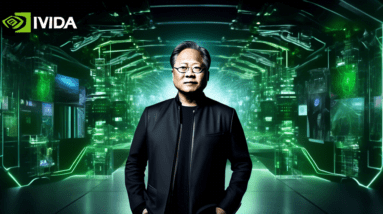 Create an image of Nvidia CEO Jensen Huang standing confidently in front of a large Nvidia logo, holding a GPU in one hand and a hologram of an AI brain in the other. Surround him with futuristic grap