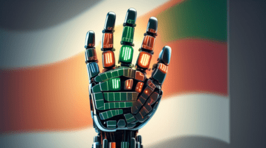 A robotic hand with the colors of the Indian flag reaching for a glowing, futuristic GPU with binary code streaming in the background