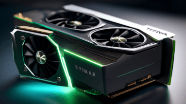 Create a futuristic digital artwork showcasing the rumored NVIDIA GeForce RTX 5090 graphics card with a striking 48% speed boost over the RTX 4090. Include a sleek, cutting-edge design for the TITAN A