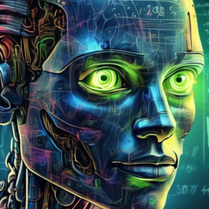 A robot hand drawing a realistic human face with a paintbrush, with complex mathematical formulas and a glowing Nvidia logo in the background.