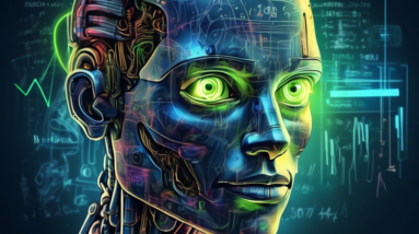 A robot hand drawing a realistic human face with a paintbrush, with complex mathematical formulas and a glowing Nvidia logo in the background.